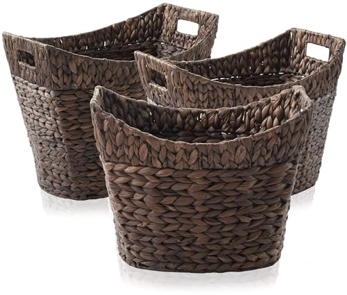 Casafield Set of 3 Stackable Oval Laundry Baskets with Handles - Espresso, Woven Water Hyacinth Storage Totes for Throw Blankets, Bathroom, Bedroom, Living Room