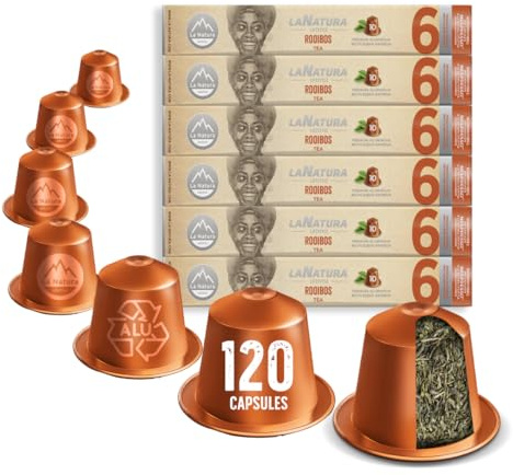 La Natura Lifestyle Rooibos Lot de 120 capsules de thé en aluminium compatibles avec les machines à capsules Nespresso®³, 100% recyclable, Rooibos sans caféine d'Afrique du Sud