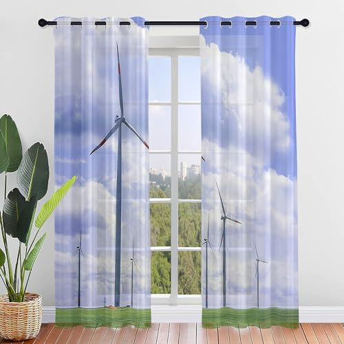 Surwin Translucidas Cortinas Salon, Dormitorio, Cocina - Cortinas y Visillos Estampadas de Molino Viento, Visillos Cortos para Ventanas, 2 Piezas Cortina con Ojales (eléctrico,107x213cm)