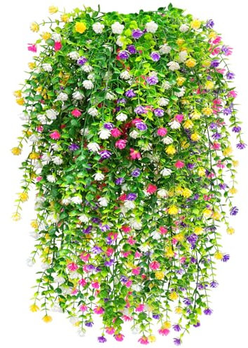 Yueshop 4PCS Artificial Hanging Flowers,UV-Resistant Artificial Hanging Plants Flowers Bouquet Outdoor Indoor Fake Hanging Plant Artificial Flowers for Home Garden Wedding Decor-Mix Colors