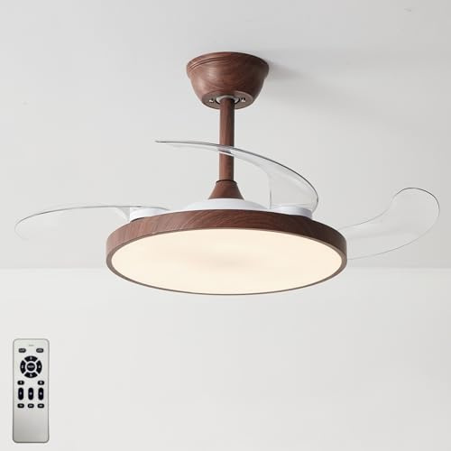 Dfiacn Bambino Lampadario Ventilatore Con Telecomando, LED Dimmerabile Ventola Soffitto Con Luce Reversibile 6 Velocità Silenzioso Ventilatore Lampadario Pale Del Ventilatore Retrattili-Wood||118CM