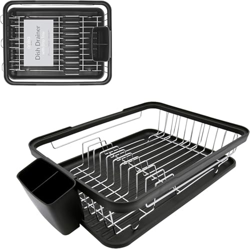 DTD QUALITY MATTERS Dish Drainer Rack with Drip Tray & Cutlery Holder, Space Saving Kitchen Dish Drying Rack for Kitchen Counter, Rust Resistant Chrome Plated Wire, Black 41 x 32 x 9.5 cm
