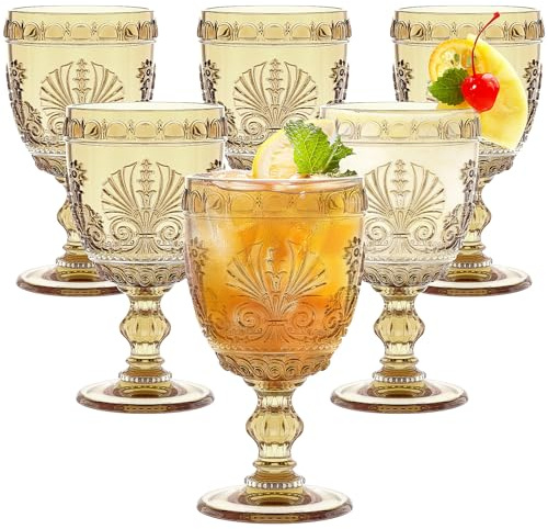 Singhoow 6 Pcs Goblet Glasses 10 oz Wine Glasses, Drinking Glasses Colored Retro Embossed Water Goblets For Wine Juice Baby Shower Wedding Reception Grand Event Party, Dishwasher Safe(Amber)