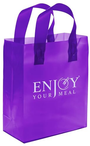 Plastic Bags with Handles and Cardboard Bottom 50pcs, Large Vest Carrier Bags Food Delivery Bag for Restaurants and Takeaways, Sturdy Plastic Carrier Bag with Handles for Shopping, Groceries (Purple)