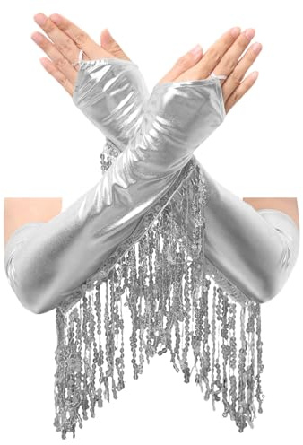 Jugaoge Damen Glänzend Handschuhe Fingerlose Abendhandschuhe Fäustlinge Arm Stulpen mit Pailletten Fransen Flapper Disco Hippie Verkleidung Silber Einheitsgröße