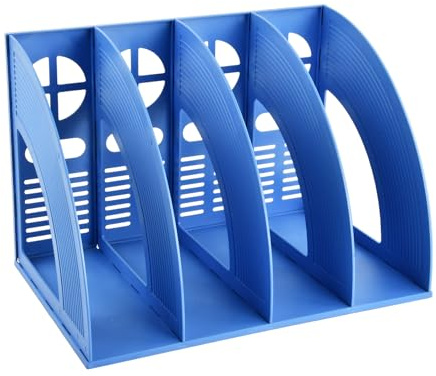 PTJJXA Portariviste con 4 Scomparti, Portariviste da Scrivania Verticale, Porta Quaderni da Scrivania, Robusto Organizer in Plastica per Documenti A4, Porta Libri per Ufficio, Scuola, Casa (Blu)