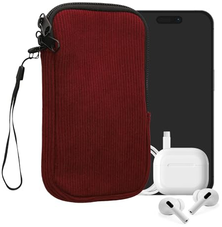 kwmobile Universal Smartphone fodral - manchester med handrem och dragkedja - inre nätficka - mobiltelefonfodralväska - neopren telefonstrumpa - gråbrun röd