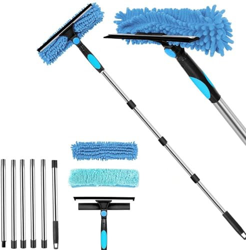 Limpiacristales con Mango Extensible(250cm), Limpiador de Ventanas con Escobilla de Silicona & 2 Paños de Microfibra, Kit de Limpieza de Cristal, para Ducha de Casa, Vidrio, Coche, RV