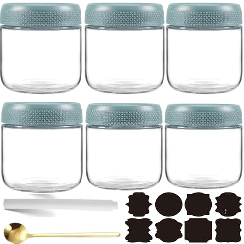 CNKHDZ 4 stycken små glas med lock över natten havregrynsgröt förberedelse sallad mat flingor snack behållare pudding yoghurt lagring förseglingsbara glas (Grön, 6 stycken/300ML)
