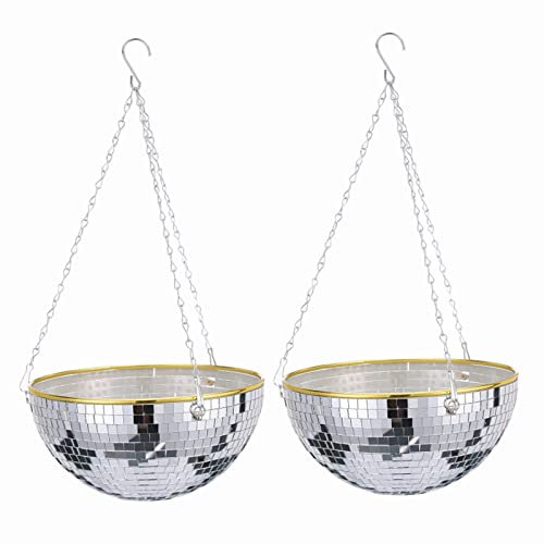 2Pack Disco Ball Planter 25CM Mirror Disco Ball Hanging Planter with Hooks Chain Wall Mounted Flower Plant Basket Disco Ball Plant Hanger Decor for Plants