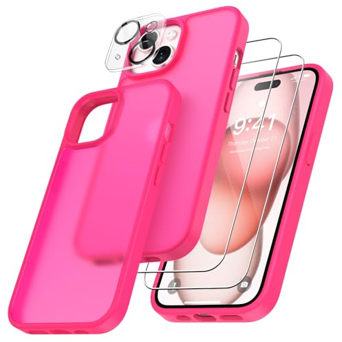 FLLAO 4 in 1 Cover per iPhone 15 Custodia con 2 Pellicola Vetro Temperato e 1 Fotocamera Protettiva, [Cuscino d'aria integrato] Morbido TPU Bumper Protection Cover iPhone 15, Rosa Calda