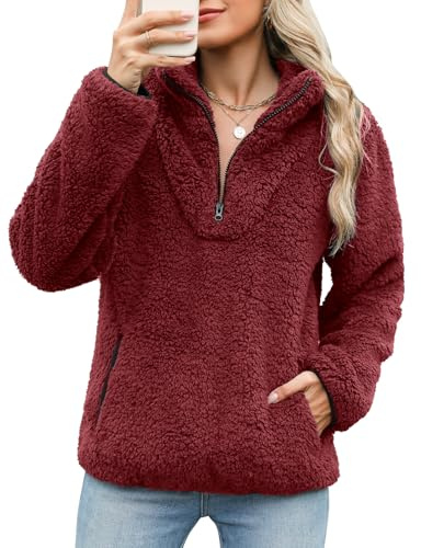 Tuopuda Sudaderas sin Capucha con Cremallera Mujer Jersey de Forro Polar Suelto Sólido Manga Larga Suéter con Bolsillos Sudadera Caliente y Esponjoso Chaquetas Tops Otoño Invierno(Vino Tinto,L)