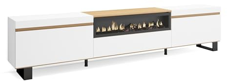 Skraut Home | TV-Schrank, Lowboard | für Wohnzimmer und Esszimmer | 260x57x35 cm | Für großformatiges TV | Elektrokamin. | Industriedesign | Moderner Stil | Weiß und Eiche Soft