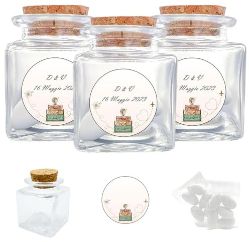 Doni Bomboniere Set Bomboniere Matrimonio 12PZ Barattolini in Vetro 4x4x4 Portaconfetti Trasparenti Tappo Sughero 12PZ Adesivi Personalizzabili 12PZ Bustine Confetti Tema Viaggio Gadget Evento