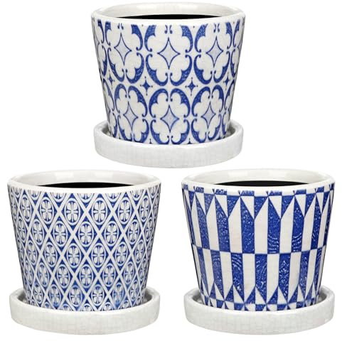 Oairse Set de 3 macetas de cerámica para plantas, redondas, pequeñas con orificio de drenaje y bandeja de cerámica para suculentas, cactus, para interior y exterior, jardín, ventana, diámetro 12 cm