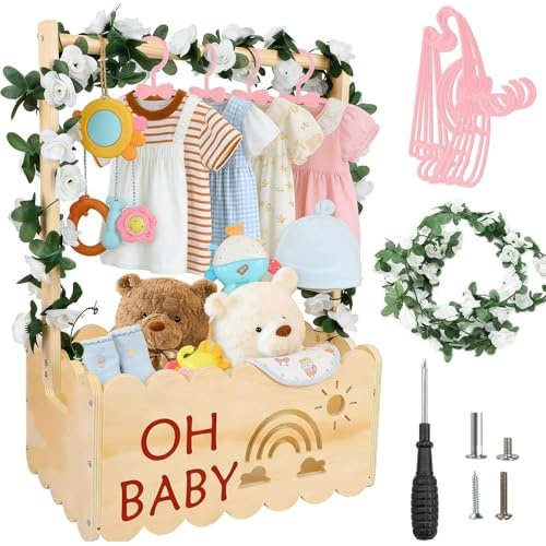 mumisuto Baby Shower Crate Closet,Wooden Baby Shower Cupboard, Newborn Clothes Wardrobe Storage Basket with Handle, Garland and 6 Clothes Hangers, Birth Basket for Pregnancy Gift,50.6 x 34 x 22.8cm