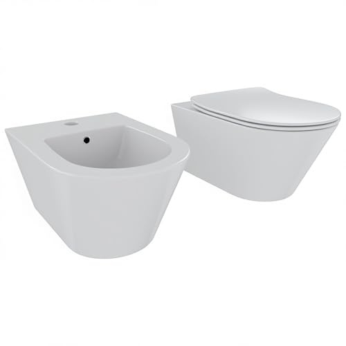 Bricozone Coppia Di Sanitari Sospesi In Ceramica Bianca Set Wc E Bidet Da Parete Design Moderno Con Copri Wc Soft Close E Finitura Opaca Ideali Per Bagno Contemporaneo Facili Da Pulire (Bianco opaco)