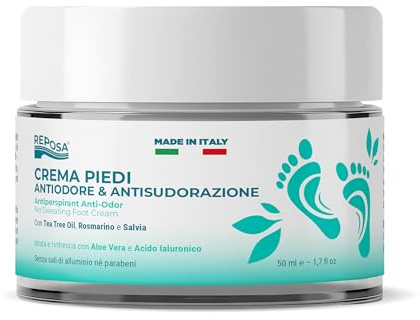 REPOSA- Crème Pied Déodorante Contre les Mauvaises Odeurs, Crème Pieds Anti-Odeur et Anti-Hyperhidrose avec Acide Hyaluronique Aloe Vera Gel et Huile d'Arbre à Thé, Astringente et Rafraîchissante 50ml