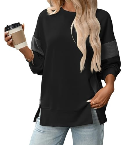 Överdimensionerad tröja med rund hals med strukturerade ärmpaneler, drop shoulder- och sidoslits, ledig pullover, Svart, M