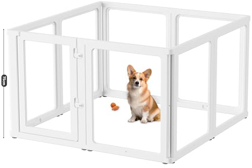 Kerhouze 8 Welpenlaufstall Faltbar mit abschließbarer Tür, 120X120X75cm hoch, Welpenauslauf Indoor Transparent, Laufstall Hund für Katzen, Hunde, Kaninchen und kleintiere, rutschfest, weiß (8PCS-75CM)