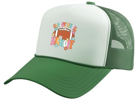 Classy Until Kickoff Groovy American Football Women Girls Trucker Hat with Adjustable Mesh Back, Kelly Green/White