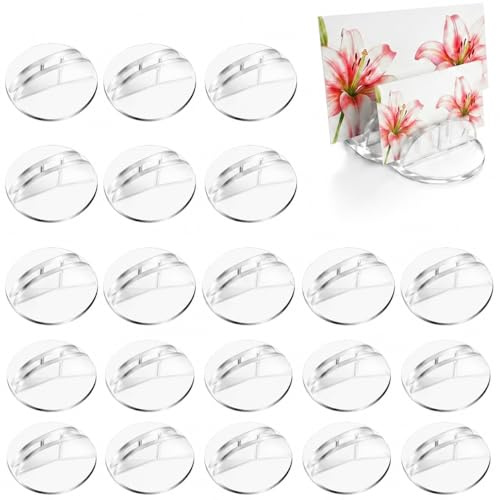 Guline 24 Pcs Clear Acrylic Card Stands, Round Plastic Table Sign Holder, Small Photo Display Place Card Holders for Weddings Photos Game Cards Memos Labels Menus and Party Favor