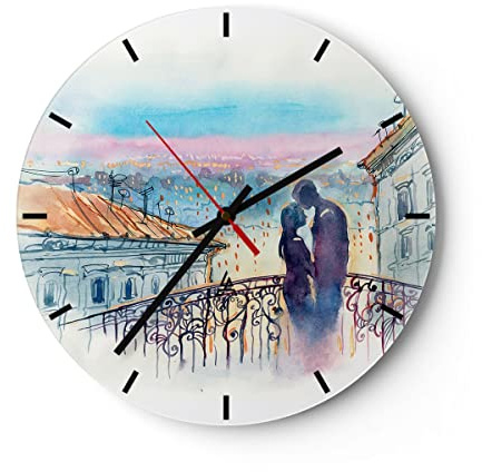 Horloge Murale Design Moderne Couple Amour Ville Pont 40x40cm Petit Pendule murale en verre Cuisine Salon Chambre Silencieuse Originale Wall Clock Décoration Murale Art Wall Decor C3AR40x40-2998