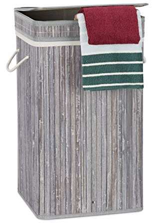 Relaxdays Wäschekorb Bambus, faltbar & tragbar, XL 70l mit Deckel, grau | eckiger Wäschesammler, HxBxT: 63 x 36 x 36 cm