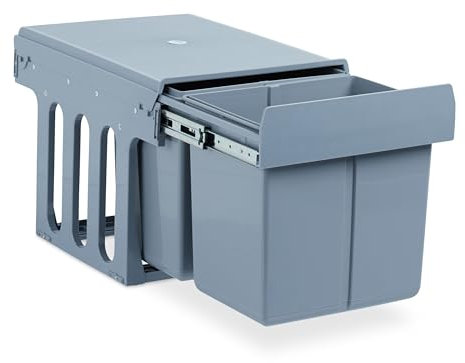 Relaxdays Pattumiera ad Incasso da Cucina, Estraibile, Doppio Contenitore Ciascuno 15 l Plastica 35,1x34,3x48 cm, Grigio