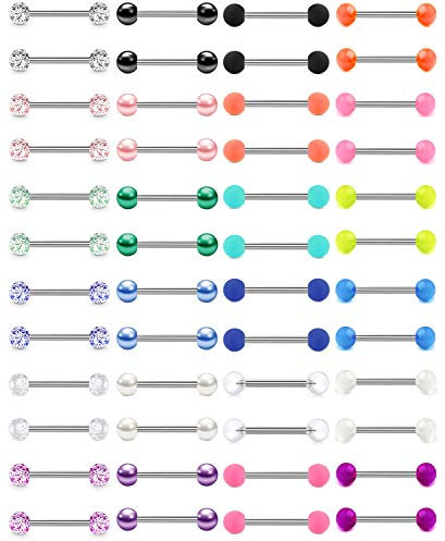 LAURITAMI 24 Pairs 14G Zungenpiercing Brustwarzenpiercing Leuchtet im Dunkeln Flexibel Acryl Gerade Zunge Barbell Nippelrings Stab Retainer Piercing Schmuck 14mm