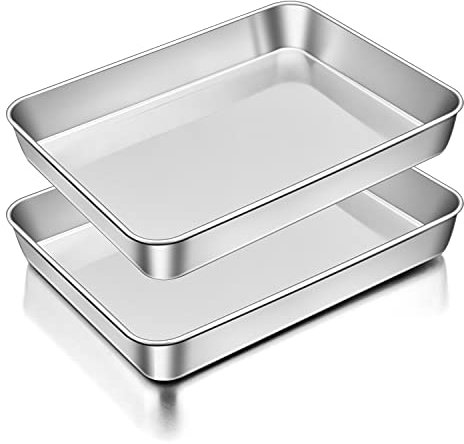 Homikit Small Oven Tray Set of 2, Stainless Steel Tray Bake Cake Tin, Deep Rimmed Baking Sheet Pan for Cake/Lasagne/Brownie, Rectangle Shape 26.6x20.2x5cm, Brushed Finish & Dishwasher Safe