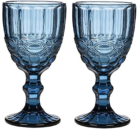 Dibor Wine Glass Set of 2 Blue Baroque Embossed 300ml Drink Goblets