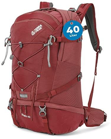 Terra Peak Wanderrucksack 40L Herren Damen Flex 40 rot - Outdoor Tages-rucksack zum wandern - Daypack leicht wasserdicht Sport-aktivitäten - ergonomischer Rucksack mit abnehmbarem Hüftgurt Erwachsene