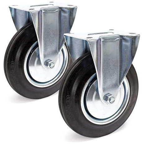 Wiltec Bockrollen Set 2x Transportrolle Ø200mm mit Vollgummirad, Metallfelge und Anbauplatte bis 150kg pro Rad, Apparaterollen Möbelrollen leiser Lauf