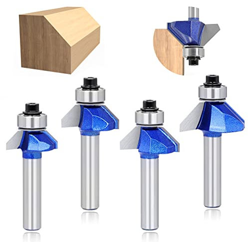 ASNOMY 4 Stück 8mm Schaft 45 Grad Winkel Fasefräser Standard for Wood, 45 Grad Fase/Bevel Einfassung Router Bit für Zimmerei Fasen Holzbearbeitung Trimmen, Fräser für Oberfräse Set