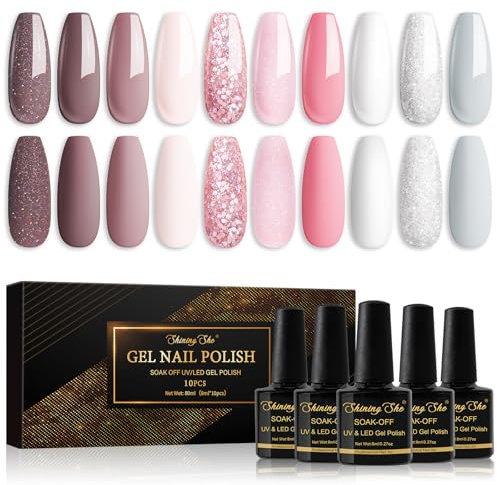 Shining She UV/LED Gel Polish Set - 10 Colours Pink White Grey Glitter Pastel - Soak-Off Nail Manicure for Salon and DIY Home, 8ML