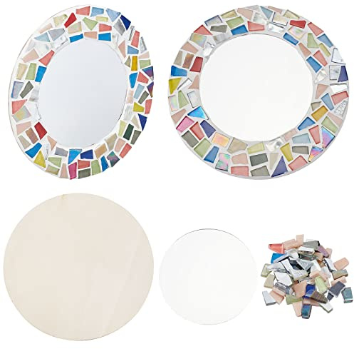 WEBEEDY 2 Set DIY Mosaik Runde Spiegel Set für Erwachsene Machen Sie Ihren eigenen Spiegel,Mosaik Kunst Handwerk Kit mit 16 cm Spiegeln,Holzspänen,Mosaikfliesen,Spiegel Wand Dekor Mosaik Set Geschenk