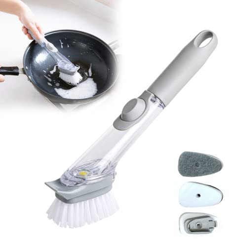 Spazzola Lavapiatti con Manico, Spazzola Lavapiatti Spazzola per la Pulizia Della Spugna con Dosatore di Detersivo, Testine Sostituibili per Lavare i Piatti, Pulizia
