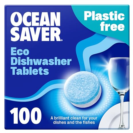 OceanSaver Eco-Friendly Dishwasher Tablets - Pack of 100 | Non-Toxic & Plastic-Free Dish Washing Tablets for Sustainable Cleaning | All in One Plant-Based Dishwasher Salt & Rinse Aid for Tough Stains