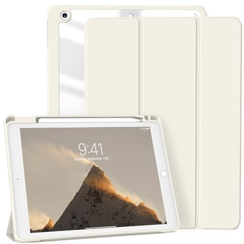 ZKTUYU Hülle für iPad 9./8./7. Generation 2021/2020/2019 10,2 Zoll | Stoßfeste Schutzhülle mit Stifthalter, Transparente Hart PC Rückseite, Auto Schlafen/Wachen, Weiß
