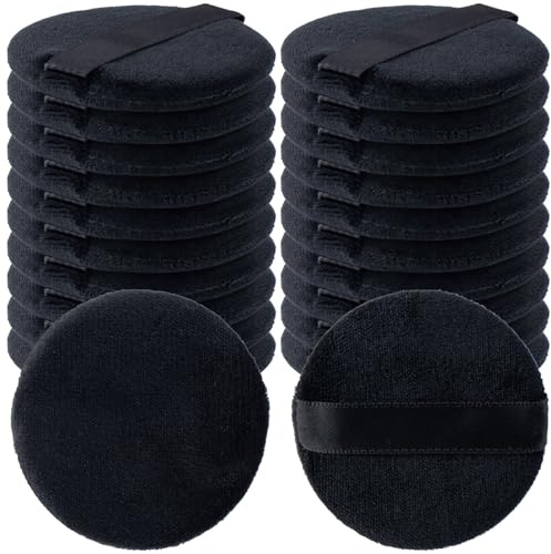 HINZIC 25 Pack 60mm Round Powder Puffs for Foundation Makeup Applicators, Soft Cotton Skin-Friendly Face Powder Sponge Velour Velet Puffs Pads for Cream Cosmetics- Black