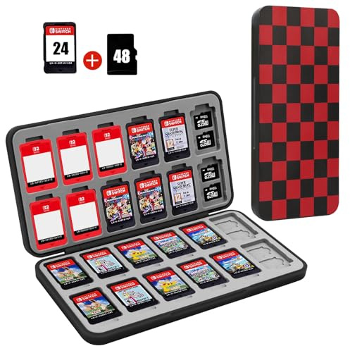 FYY Nintendo Switch Game Case Holder for Switch 2 Cartridge Case with 24 Game Card Slots & 48 Micro SD Card Slots, Hard Shell, Silicone Lining Black Red Squares