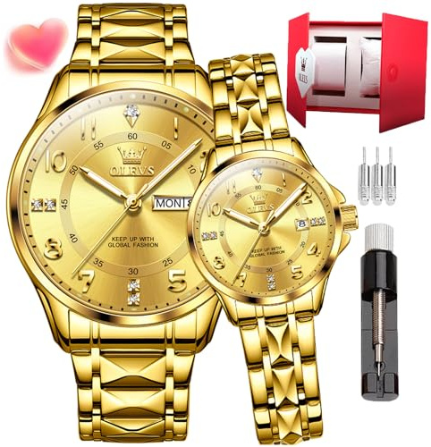 OLEVS Reloj de cuarzo para parejas, acero inoxidable, para parejas, boda, expresión romántica, hombre, día, noche, calendario, impermeable, casual, para hombre y mujer, 2910 - Correa de reloj dorada