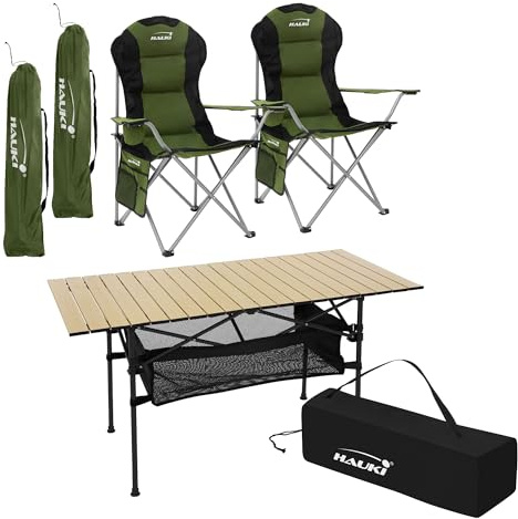Hauki Campingmöbelset 3-delar med 1x bord beige och 2x hopfällbara campingstolar i khaki, praktiskt utomhusmöblemang med bärväska, perfekt för 2 personer på utflykter, camping och picknick