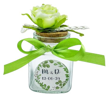 Ingrosso e Risparmio Set 12PZ Barattolini Portaconfetti con Fiore su Tappo di Sughero 12 Bustine Confetti 12 Adesivi Personalizzabili Nastro Fiocco Matrimonio Comunione Cresima (Verde)