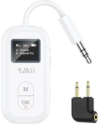 1Mii Adaptador Bluetooth 5.3 para 2 Auriculares/Airpods, aptX Adaptive & Low Latency Bluetooth Transmisor Receptor, transmisor de Audio inalámbrico Jack 3,5 para TV/estéreo/Gimnasio/Coche