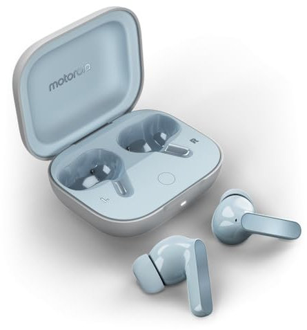 Motorola Moto Buds, kabellose Kopfhörer, immersiver Klang mit Dolby Atmos, Geräuschunterdrückung, Akkulaufzeit 42 Stunden, 3 Mikrofone, Himmelblau [Französische Version]