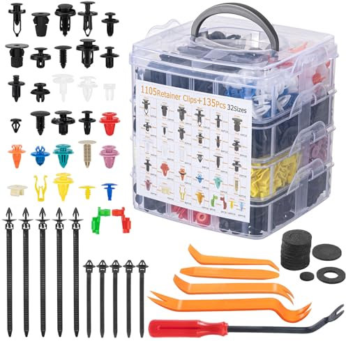 Bczhieulw Clip auto, 1240 pezzi set di scatole di fissaggio auto con strumenti di smontaggio, fascette e cuscinetti in spugna, clip di fissaggio auto