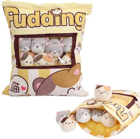 Generisch Katzen Pudding Kissen | Niedliche Katzen Snack Kissen Plüschtiere | Katzen Plüschtier Pudding Wurfkissen | Puddingkatzen Plüschkissen Mit 8 Plüschpuppen | Snackkissen Stofftierspielzeug
