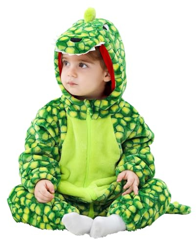 LOLANTA Unisex dinosauriedräkt för bebis, djurdräkt med huva för barn, flanelldräkt, fyrkantig grön, 4-5 ans